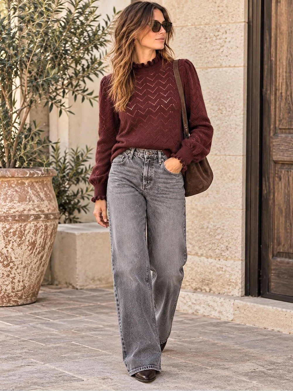 J.Crew 100% Cashmere Pointelle Ruffle Neck Sweater Burgundy Plum Size L